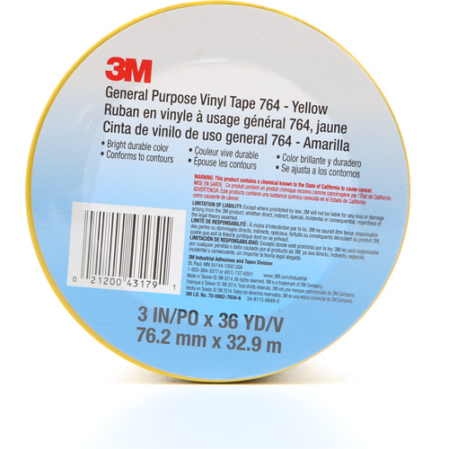 Ruban en vinyle pour travaux g&eacute;n&eacute;raux 764, 76 mm (3") la x 32,9 m (108') lo, 5 mils, Jaune Cintas