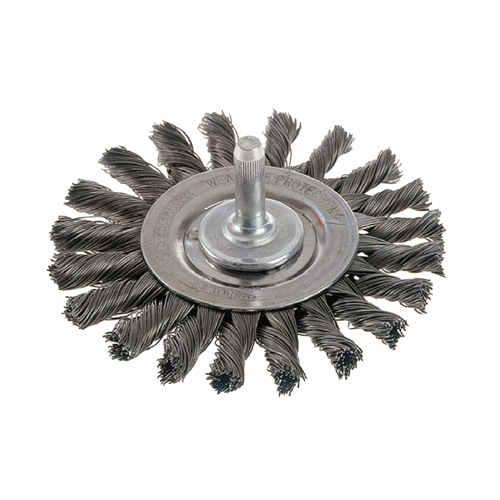 Knot Wire Wheel Brushes - Standard Twist Knot with 1/4" Shank, 4" Dia., 0.014" Fill, Steel Cintas
