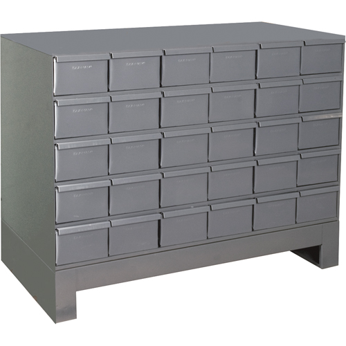 Armoires &agrave; tiroirs industriels avec base, 30 tiroirs, 34-1/8" la x 12-1/4" p x 26-7/8" h, Gris Cintas