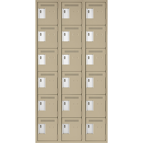 Clean Line Lockerette, 6 -tier, Bank of 3, 36" x 18" x 72", Steel, Beige, Rivet (Assembled) Cintas