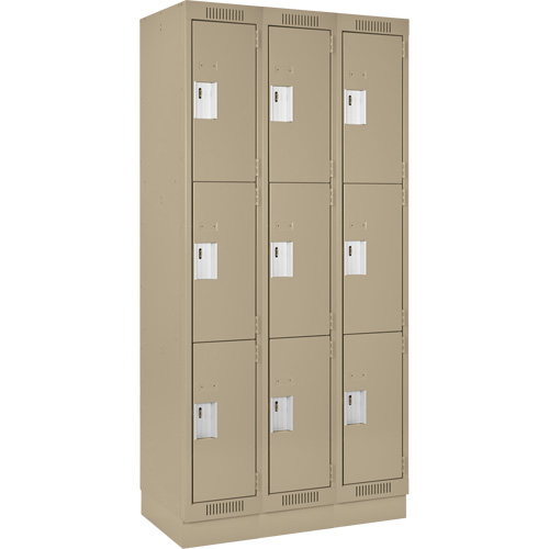 Clean Line Lockers, 3 -tier, Bank of 3, 36" x 18" x 76", Steel, Beige, Rivet (Assembled) Cintas
