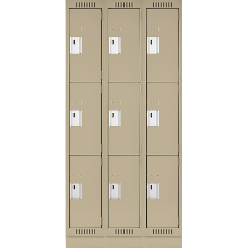Clean Line Lockers, 3 -tier, Bank of 3, 36" x 18" x 76", Steel, Beige, Rivet (Assembled) Cintas