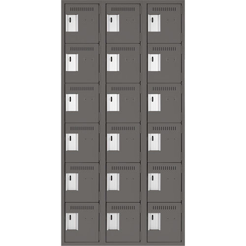 Clean Line Lockerette, 6 -tier, Bank of 3, 36" x 18" x 72", Steel, Charcoal, Rivet (Assembled) Cintas