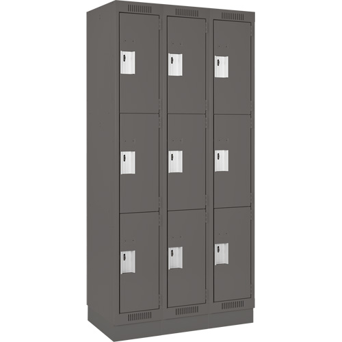 Clean Line Lockers, 3 -tier, Bank of 3, 36" x 18" x 76", Steel, Charcoal, Rivet (Assembled) Cintas
