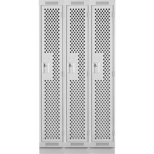 Clean Line Lockers, Bank of 3, 36" x 12" x 76", Steel, Grey, Rivet (Assembled), Perforated Cintas