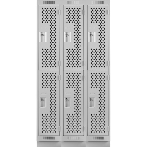 Clean Line Lockers, 2 -tier, Bank of 3, 36" x 12" x 76", Steel, Grey, Rivet (Assembled), Perforated Cintas