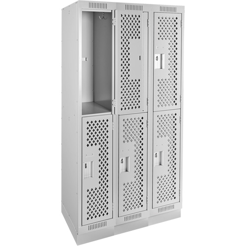 Clean Line Lockers, 2 -tier, Bank of 3, 36" x 12" x 76", Steel, Grey, Rivet (Assembled), Perforated Cintas