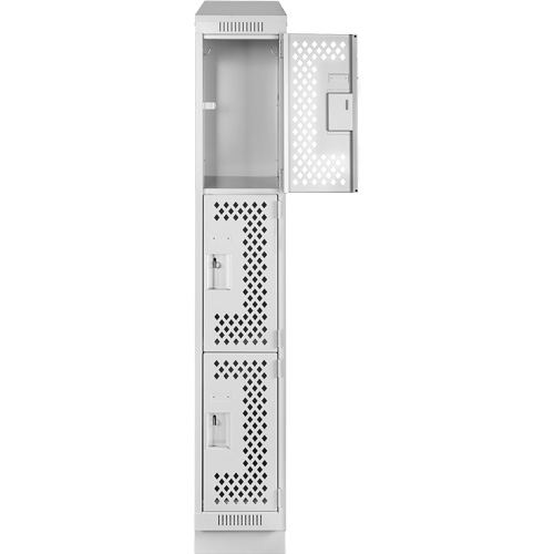 Clean Line Lockers, 3 -tier, 12" x 15" x 82", Steel, Grey, Rivet (Assembled), Perforated Cintas