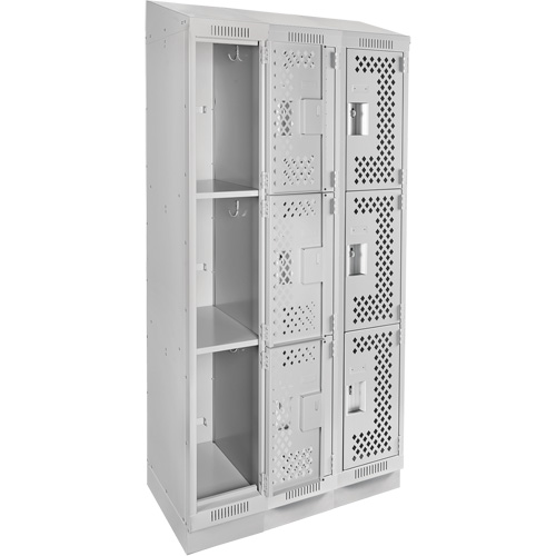 Clean Line Lockers, 3 -tier, Bank of 3, 36" x 15" x 82", Steel, Grey, Rivet (Assembled), Perforated Cintas