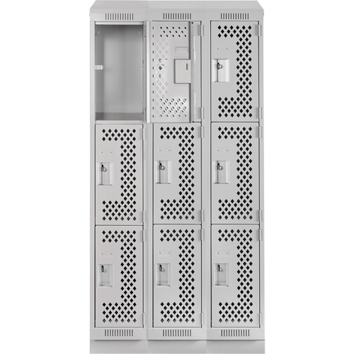 Clean Line Lockers, 3 -tier, Bank of 3, 36" x 15" x 82", Steel, Grey, Rivet (Assembled), Perforated Cintas
