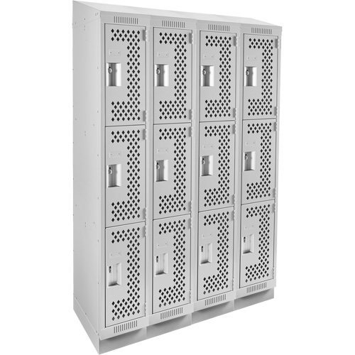 Clean Line Lockers, 3 -tier, Bank of 4, 48" x 15" x 82", Steel, Grey, Rivet (Assembled), Perforated Cintas