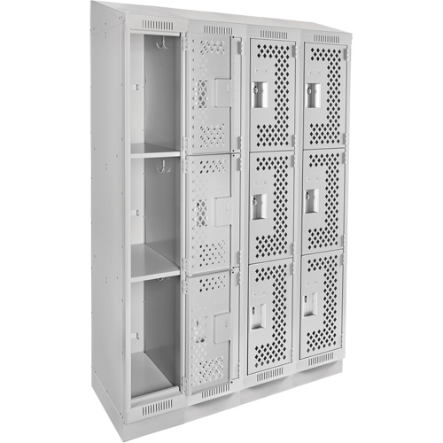 Clean Line Lockers, 3 -tier, Bank of 4, 48" x 15" x 82", Steel, Grey, Rivet (Assembled), Perforated Cintas