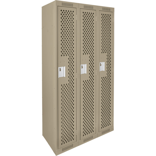 Clean Line Lockers, Bank of 3, 36" x 12" x 72", Steel, Beige, Rivet (Assembled), Perforated Cintas