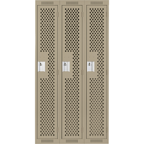 Clean Line Lockers, Bank of 3, 36" x 12" x 72", Steel, Beige, Rivet (Assembled), Perforated Cintas