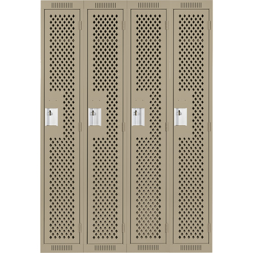 Clean Line Lockers, Bank of 4, 48" x 12" x 72", Steel, Beige, Rivet (Assembled), Perforated Cintas