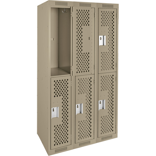 Casiers Clean Line, 2 niveaux, Bloc de 3, 36" x 12" x 72", Acier, Beige, Rivet (assembl&eacute;), Perfor&eacute; Cintas