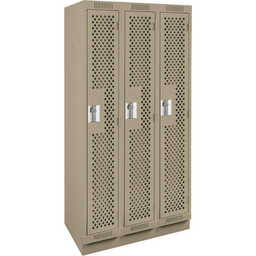 Clean Line Lockers, Bank of 3, 36" x 15" x 76", Steel, Beige, Rivet (Assembled), Perforated Cintas