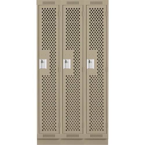 Clean Line Lockers, Bank of 3, 36" x 15" x 76", Steel, Beige, Rivet (Assembled), Perforated Cintas