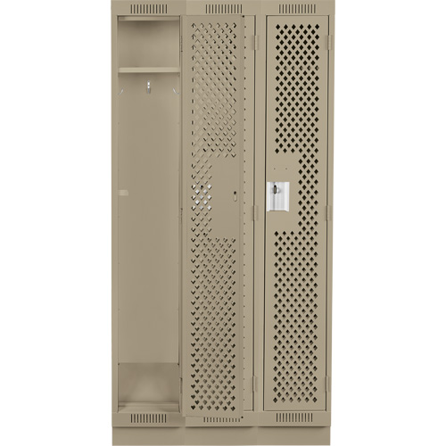 Clean Line Lockers, Bank of 3, 36" x 15" x 76", Steel, Beige, Rivet (Assembled), Perforated Cintas