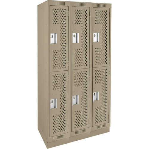 Clean Line Lockers, 2 -tier, Bank of 3, 36" x 12" x 76", Steel, Beige, Rivet (Assembled), Perforated Cintas