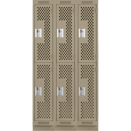 Clean Line Lockers, 2 -tier, Bank of 3, 36" x 12" x 76", Steel, Beige, Rivet (Assembled), Perforated Cintas