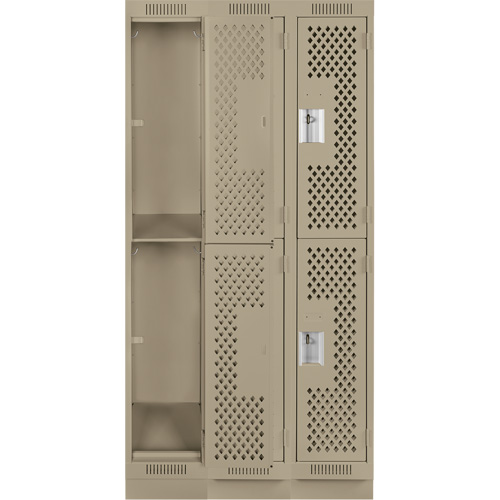 Clean Line Lockers, 2 -tier, Bank of 3, 36" x 12" x 76", Steel, Beige, Rivet (Assembled), Perforated Cintas