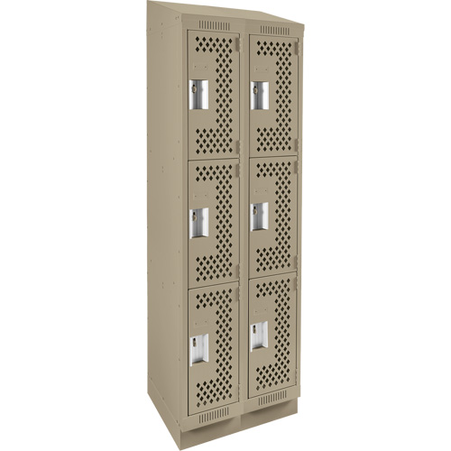 Clean Line Lockers, 3 -tier, Bank of 2, 24" x 15" x 82", Steel, Beige, Rivet (Assembled), Perforated Cintas
