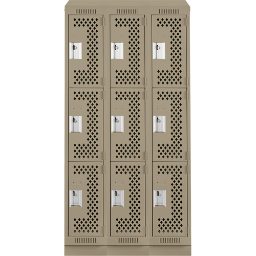 Clean Line Lockers, 3 -tier, Bank of 3, 36" x 15" x 82", Steel, Beige, Rivet (Assembled), Perforated Cintas