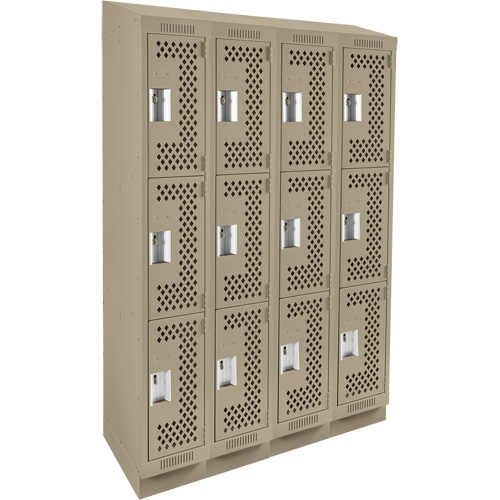 Clean Line Lockers, 3 -tier, Bank of 4, 48" x 15" x 82", Steel, Beige, Rivet (Assembled), Perforated Cintas