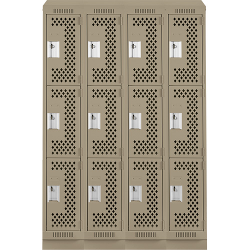Clean Line Lockers, 3 -tier, Bank of 4, 48" x 15" x 82", Steel, Beige, Rivet (Assembled), Perforated Cintas