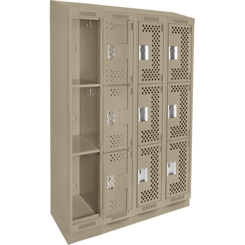 Clean Line Lockers, 3 -tier, Bank of 4, 48" x 15" x 82", Steel, Beige, Rivet (Assembled), Perforated Cintas