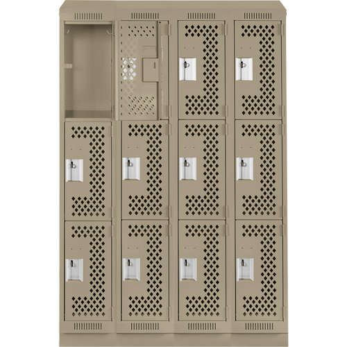Clean Line Lockers, 3 -tier, Bank of 4, 48" x 15" x 82", Steel, Beige, Rivet (Assembled), Perforated Cintas