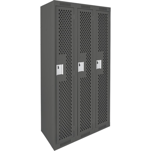 Clean Line Lockers, Bank of 3, 36" x 12" x 72", Steel, Charcoal, Rivet (Assembled), Perforated Cintas