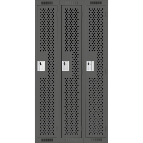 Clean Line Lockers, Bank of 3, 36" x 12" x 72", Steel, Charcoal, Rivet (Assembled), Perforated Cintas