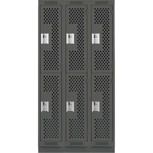 Clean Line Lockers, 2 -tier, Bank of 3, 36" x 12" x 76", Steel, Charcoal, Rivet (Assembled), Perforated Cintas
