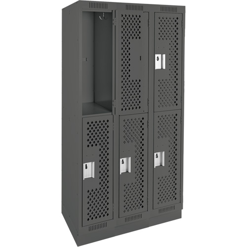 Clean Line Lockers, 2 -tier, Bank of 3, 36" x 12" x 76", Steel, Charcoal, Rivet (Assembled), Perforated Cintas