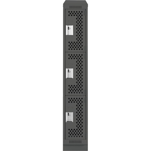 Clean Line Lockers, 3 -tier, 12" x 15" x 82", Steel, Charcoal, Rivet (Assembled), Perforated Cintas