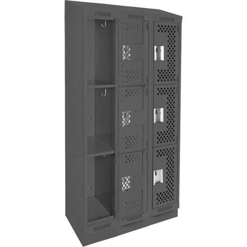 Clean Line Lockers, 3 -tier, Bank of 3, 36" x 15" x 82", Steel, Charcoal, Rivet (Assembled), Perforated Cintas