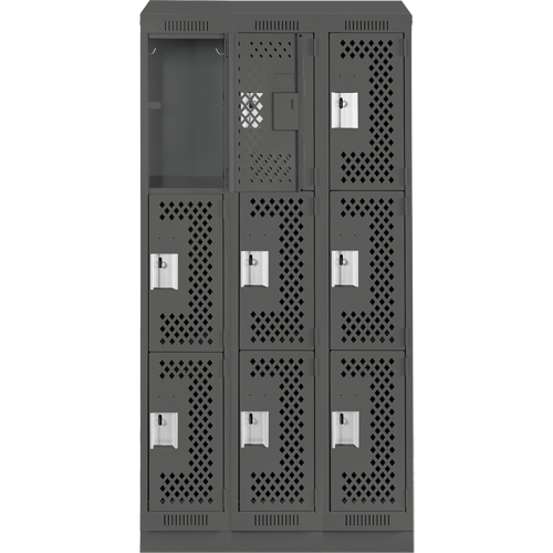 Clean Line Lockers, 3 -tier, Bank of 3, 36" x 15" x 82", Steel, Charcoal, Rivet (Assembled), Perforated Cintas
