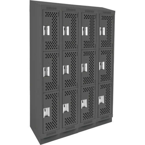 Clean Line Lockers, 3 -tier, Bank of 4, 48" x 15" x 82", Steel, Charcoal, Rivet (Assembled), Perforated Cintas