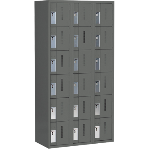 Concorde Heavy-Duty Lockers, 6 -tier, Bank of 3, 36" x 18" x 72", Steel, Charcoal, Welded (Assembled) Cintas