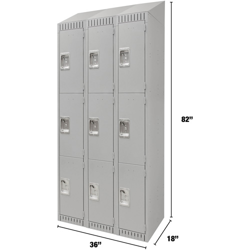 Lockers, 3 -tier, Bank of 3, 36" x 18" x 82", Steel, Grey, Knocked Down Cintas