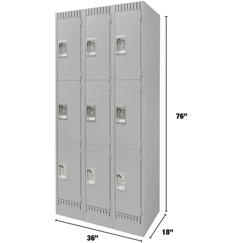 Lockers, 3 -tier, Bank of 3, 36" x 18" x 76", Steel, Grey, Knocked Down Cintas
