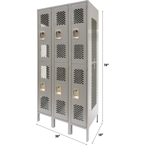 Vented Lockers, 2 -tier, Bank of 3, 36" x 18" x 78", Steel, Grey, Knocked Down, Perforated Cintas