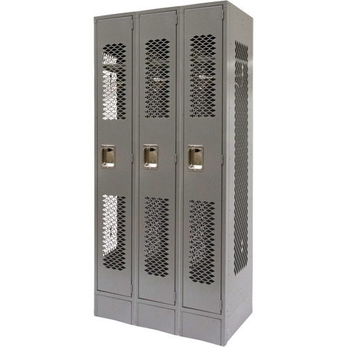 Vented Lockers, Bank of 3, 36" x 18" x 78", Steel, Grey, Knocked Down, Perforated Cintas