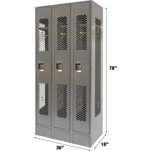 Vented Lockers, Bank of 3, 36" x 18" x 78", Steel, Grey, Knocked Down, Perforated Cintas