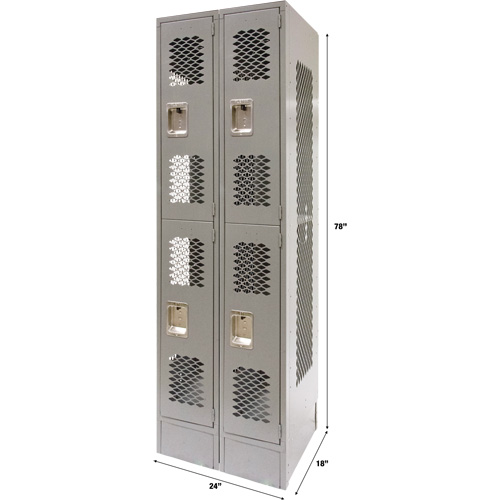 Vented Lockers, 2 -tier, Bank of 2, 24" x 18" x 78", Steel, Grey, Knocked Down, Perforated Cintas