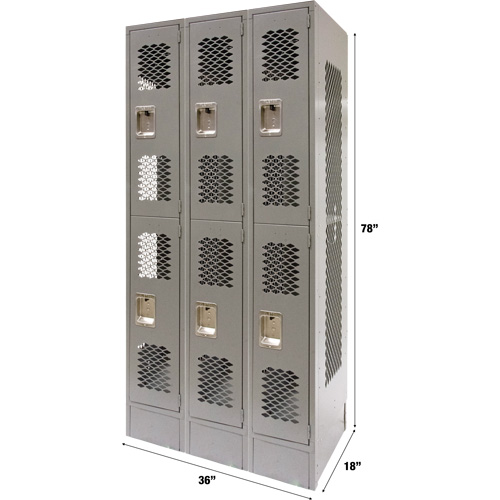 Vented Lockers, 2 -tier, Bank of 3, 36" x 18" x 78", Steel, Grey, Knocked Down, Perforated Cintas