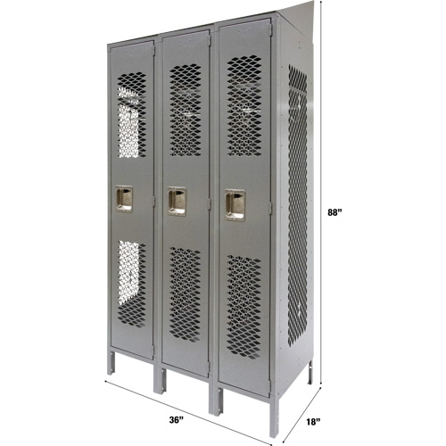 Casiers ventil&eacute;s, Bloc de 3, 36" x 18" x 88", Acier, Gris, D&eacute;mont&eacute;, Perfor&eacute; Cintas