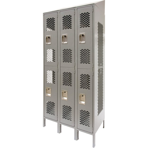 Casiers ventil&eacute;s, 2 niveaux, Bloc de 3, 36" x 18" x 88", Acier, Gris, D&eacute;mont&eacute;, Perfor&eacute; Cintas